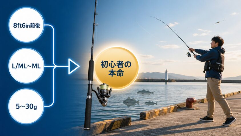 8フィート6インチ前後・L/MLからML・5〜30gを基準に初心者の本命ロッドを選ぶまとめ図解