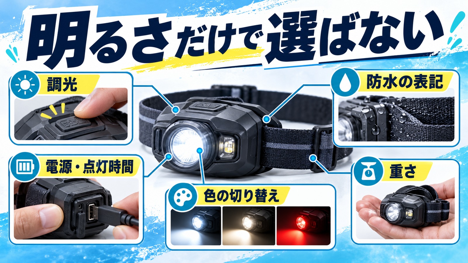 ヘッドライトの調光、防水、電源、色、重さを確認する図