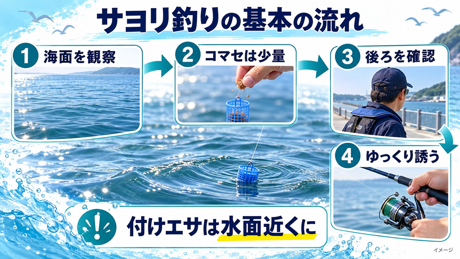 海面観察、少量のコマセ、後方確認、ゆっくり誘う手順を示す図解