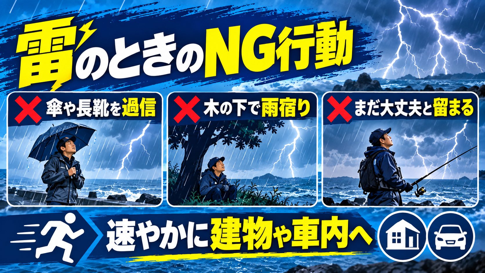 雷のときのNG行動を避難先と確認項目のカードで説明する図
