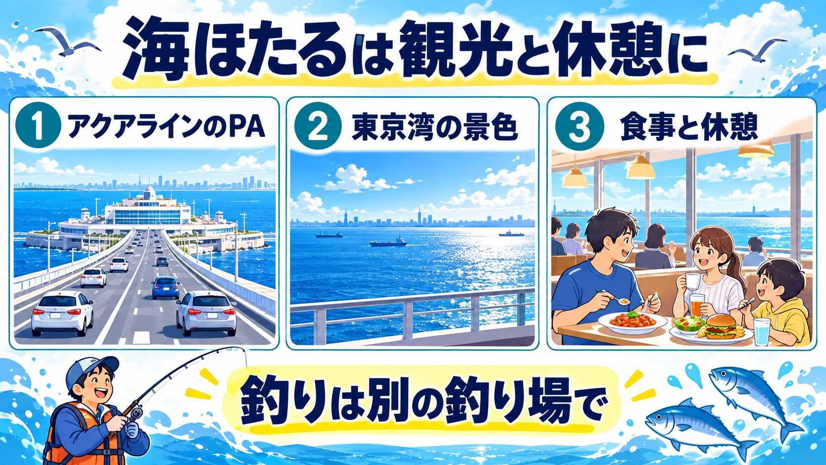 海ほたるは観光と休憩にを利用ルールや釣行準備のカードで説明する図