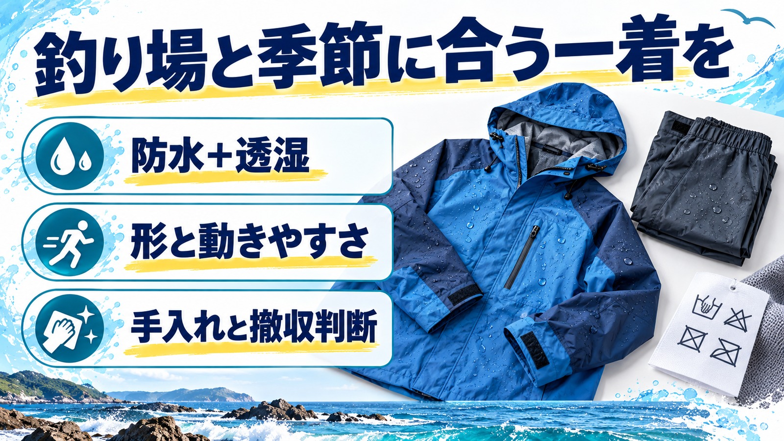 レインウェアと確認項目を並べ、防水透湿・形・手入れ・撤収判断をまとめた図解