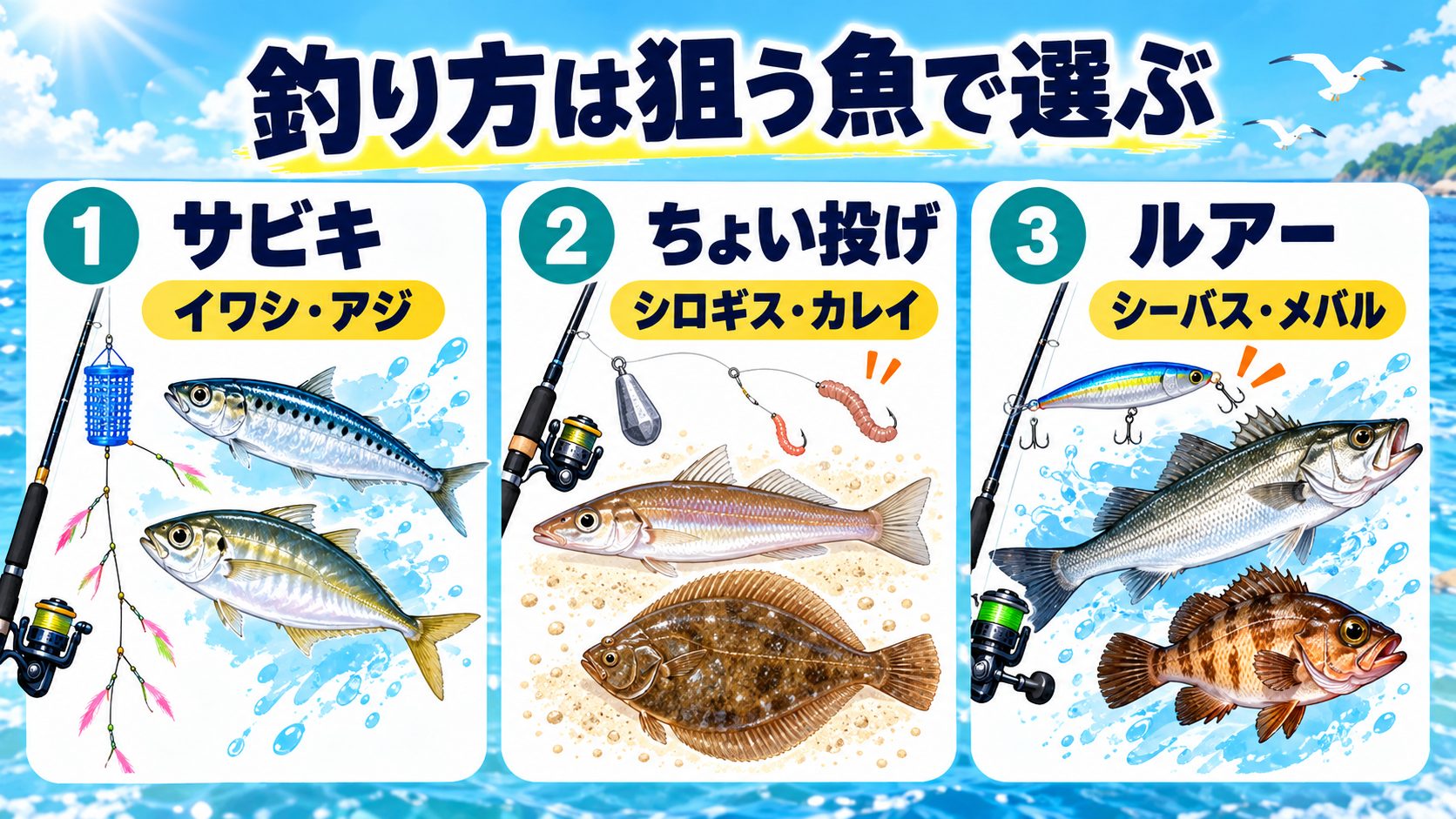 釣り方は狙う魚で選ぶについて、釣行前に確認する内容をカードでまとめた図