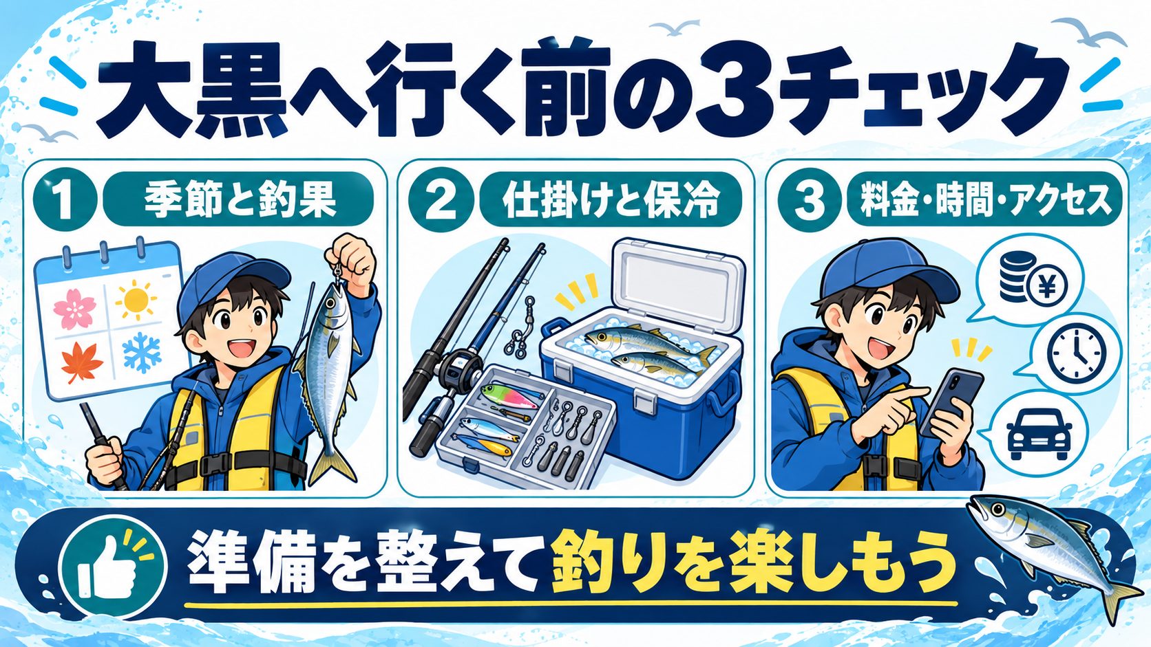 大黒へ行く前の3チェックの要点を魚や道具のイラストと確認カードで示した図