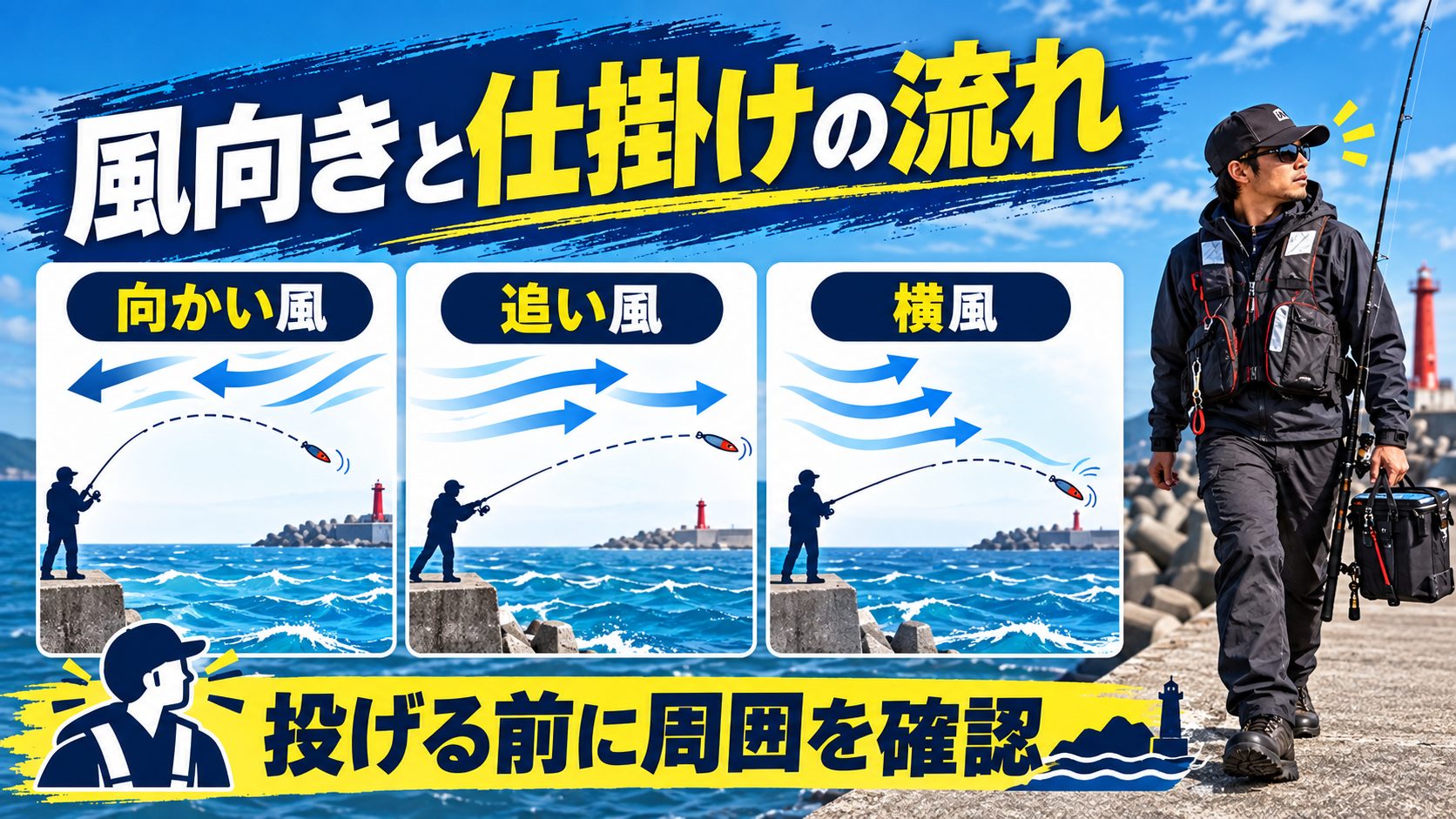 風向きと仕掛けの流れを、風と波の確認や撤収判断のカードで説明する図