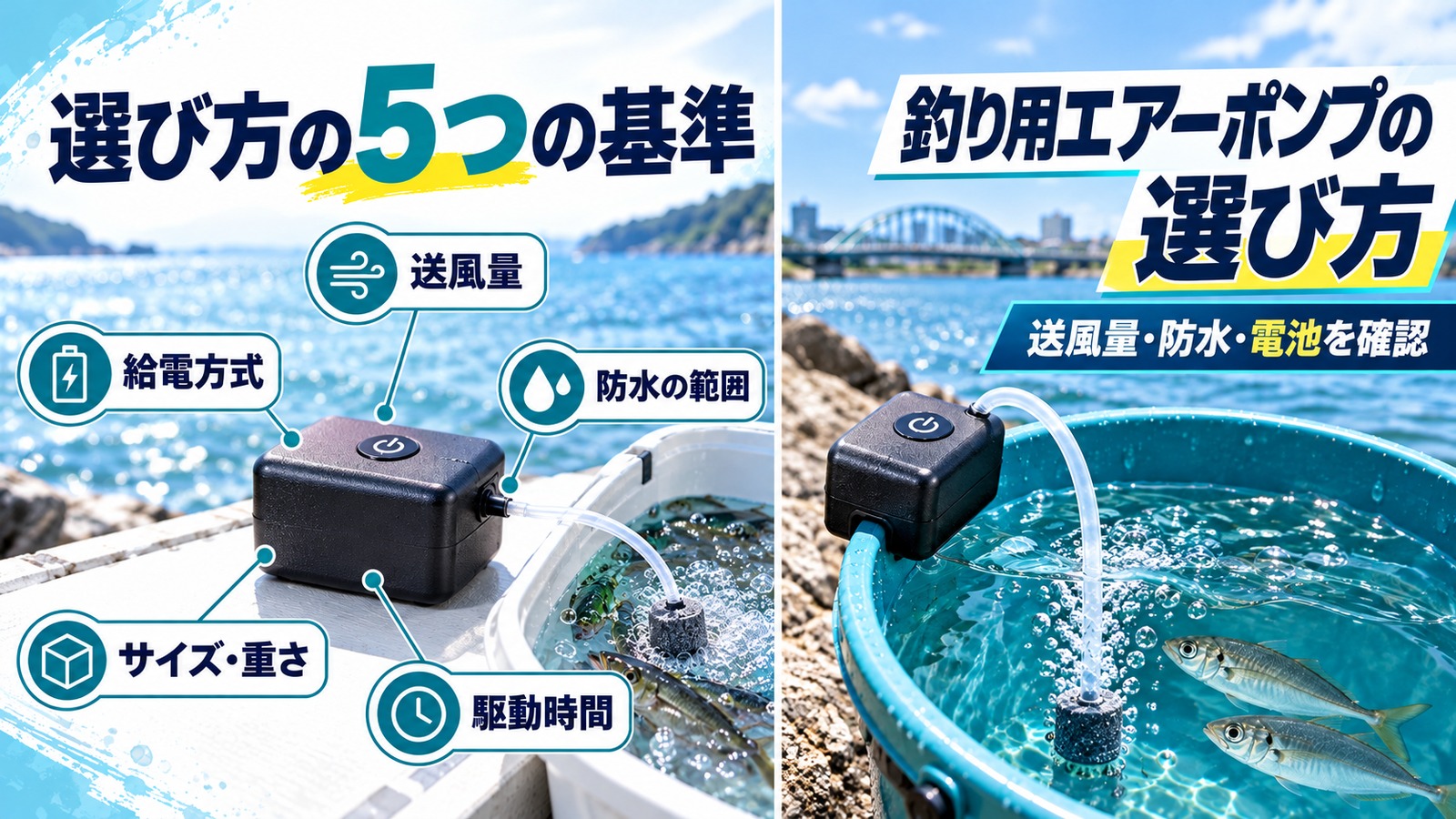 給電、送風量、防水、サイズ、駆動時間を確認する図