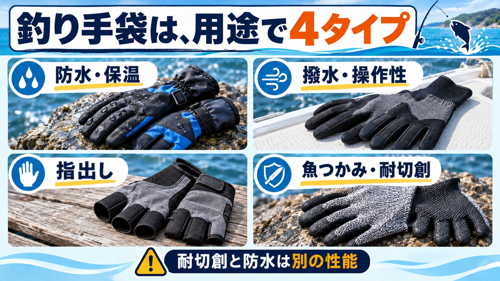 防水保温・撥水操作性・指出し・魚つかみ用の四つの手袋を比べた図解