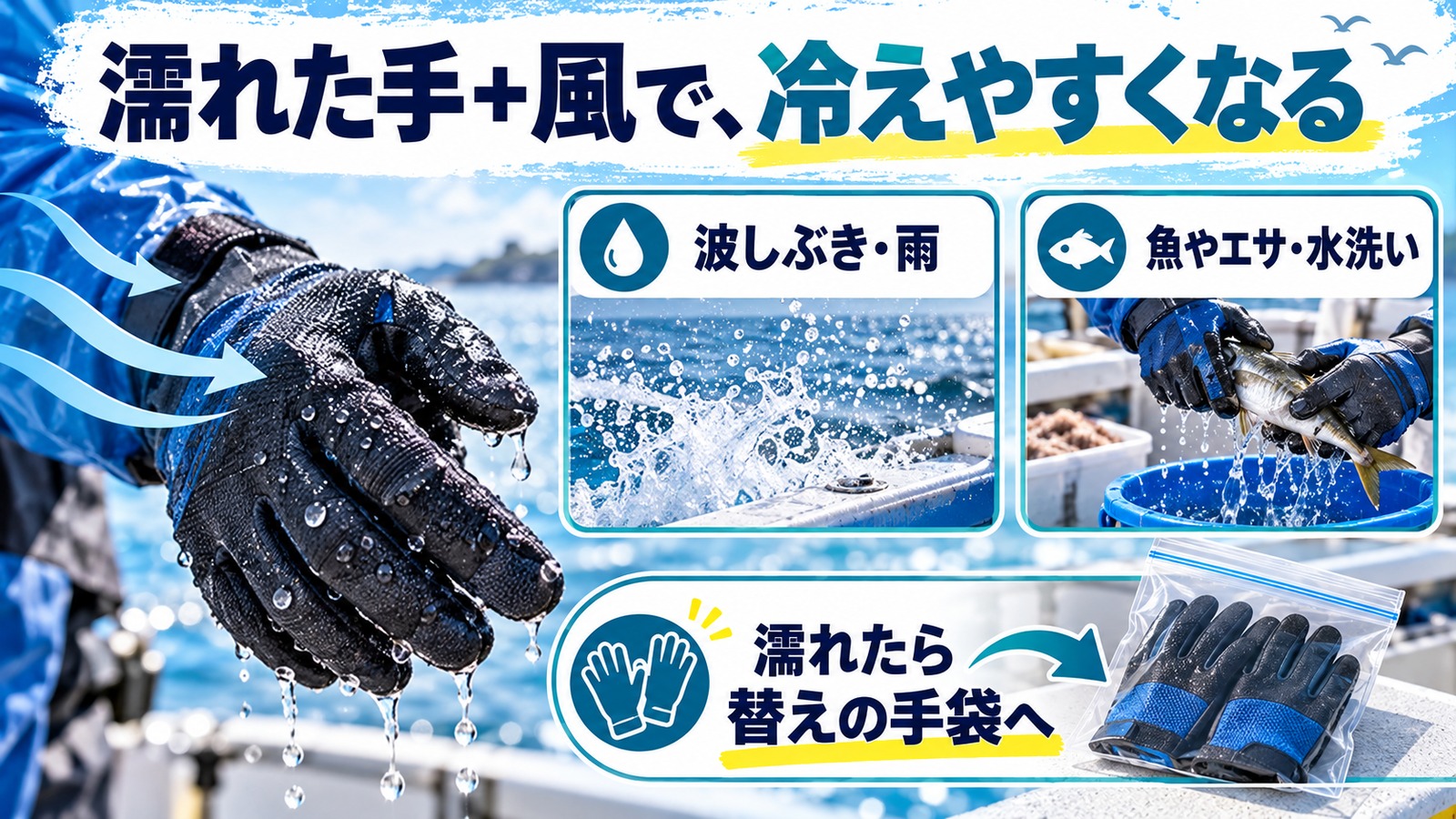 濡れた手袋に風が当たる様子と、手が濡れる場面・替え手袋を示した図解
