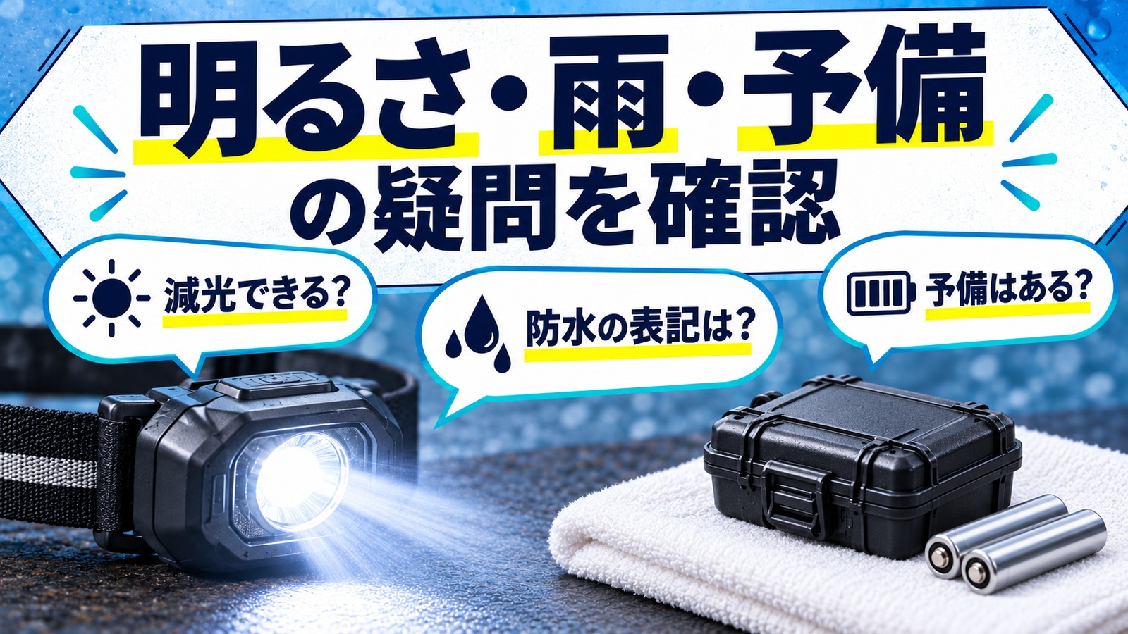 ヘッドライトの調光、防水表示、予備の確認を示す図