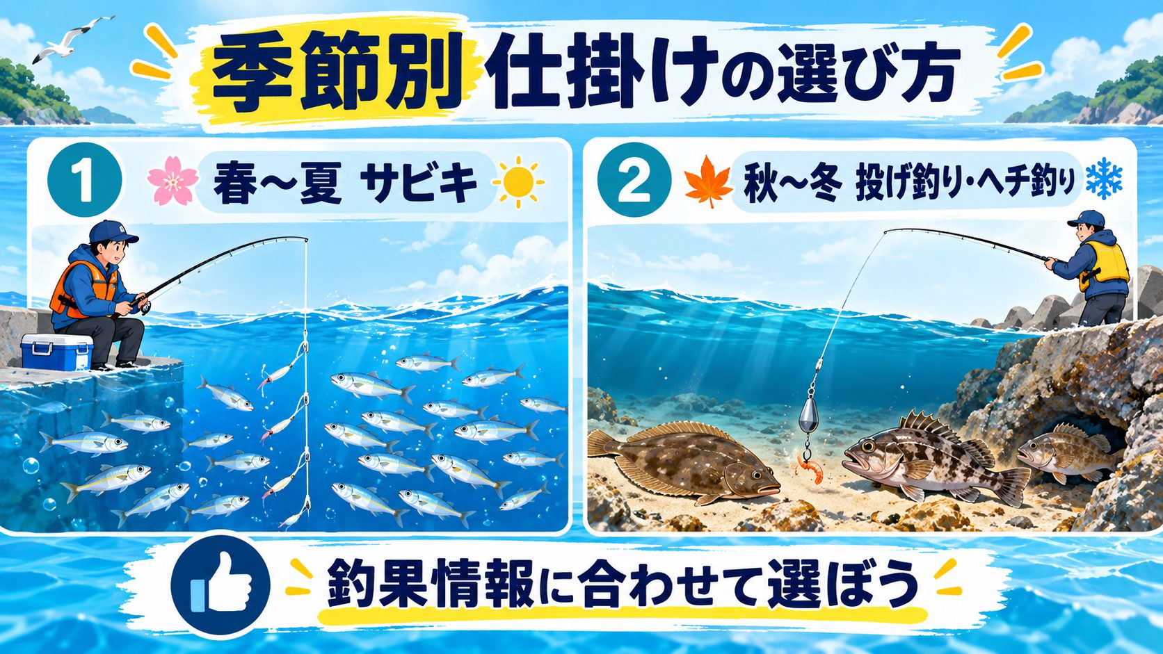 季節別 仕掛けの選び方について、釣行前に確認する内容をカードでまとめた図