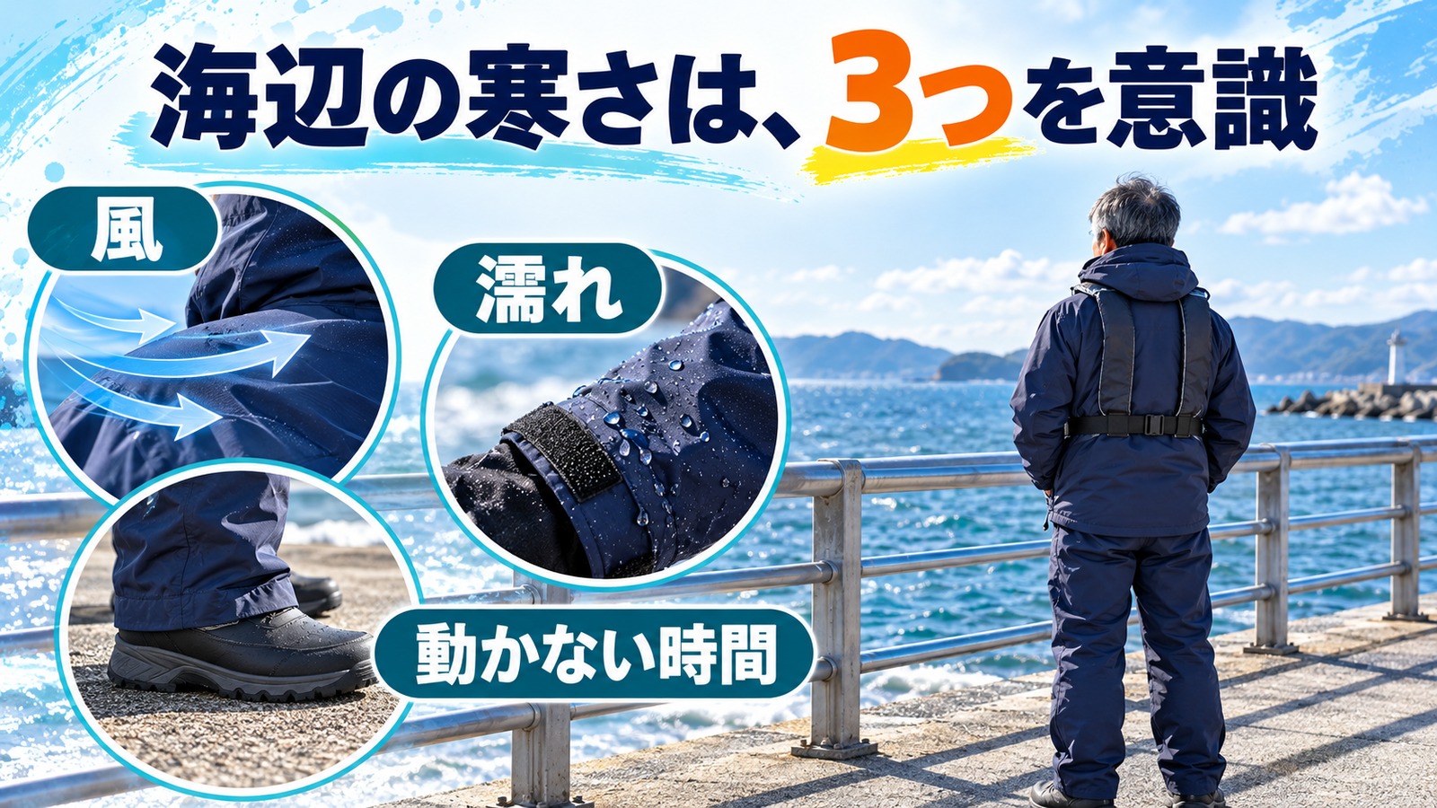 海辺で待つ釣り人に、風・濡れ・動かない時間の三つの寒さの要因を重ねた図解