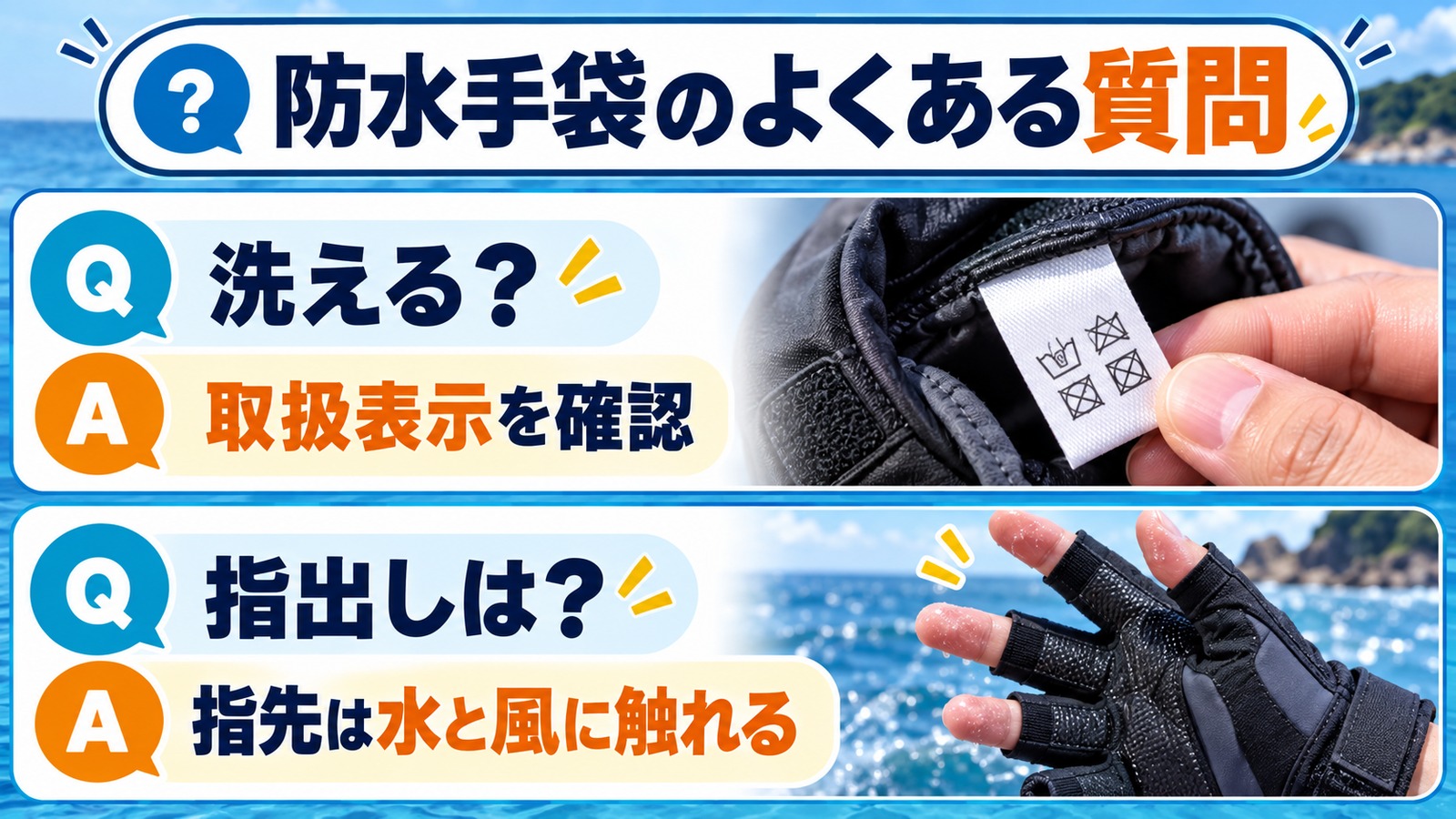 洗い方と指出し手袋について、写真と質問回答で説明する図解