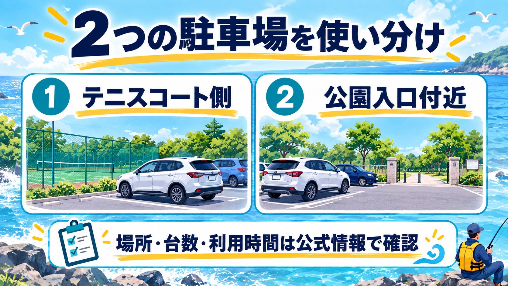 2つの駐車場を使い分けについて、釣行前に確認する内容をカードでまとめた図