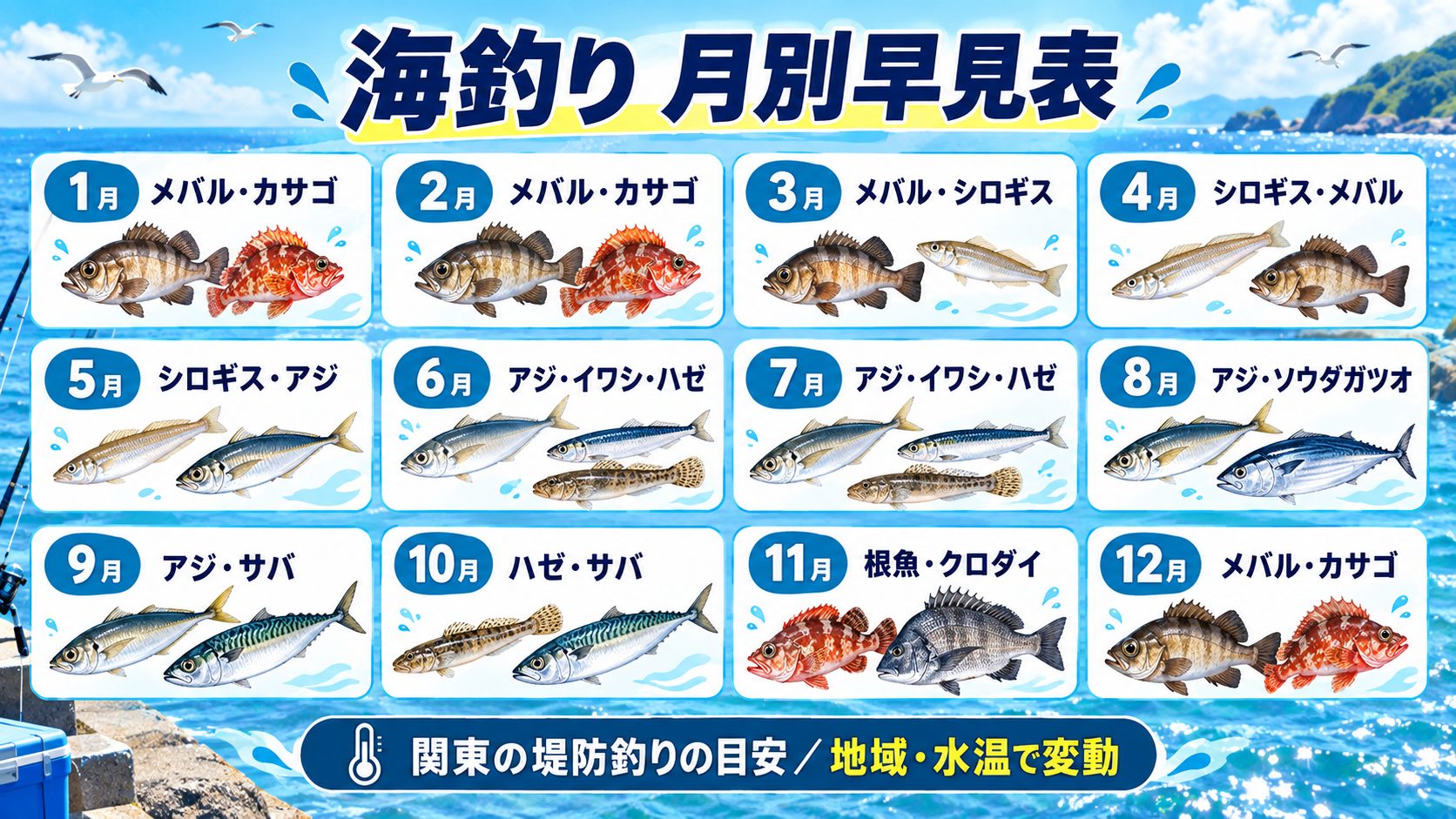 関東の堤防釣りで狙える代表魚を1月から12月までまとめた月別早見表