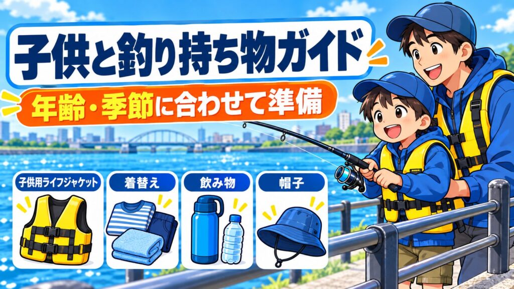 子供と釣り 持ち物ガイドを子供向け持ち物と確認項目のカードで説明する図