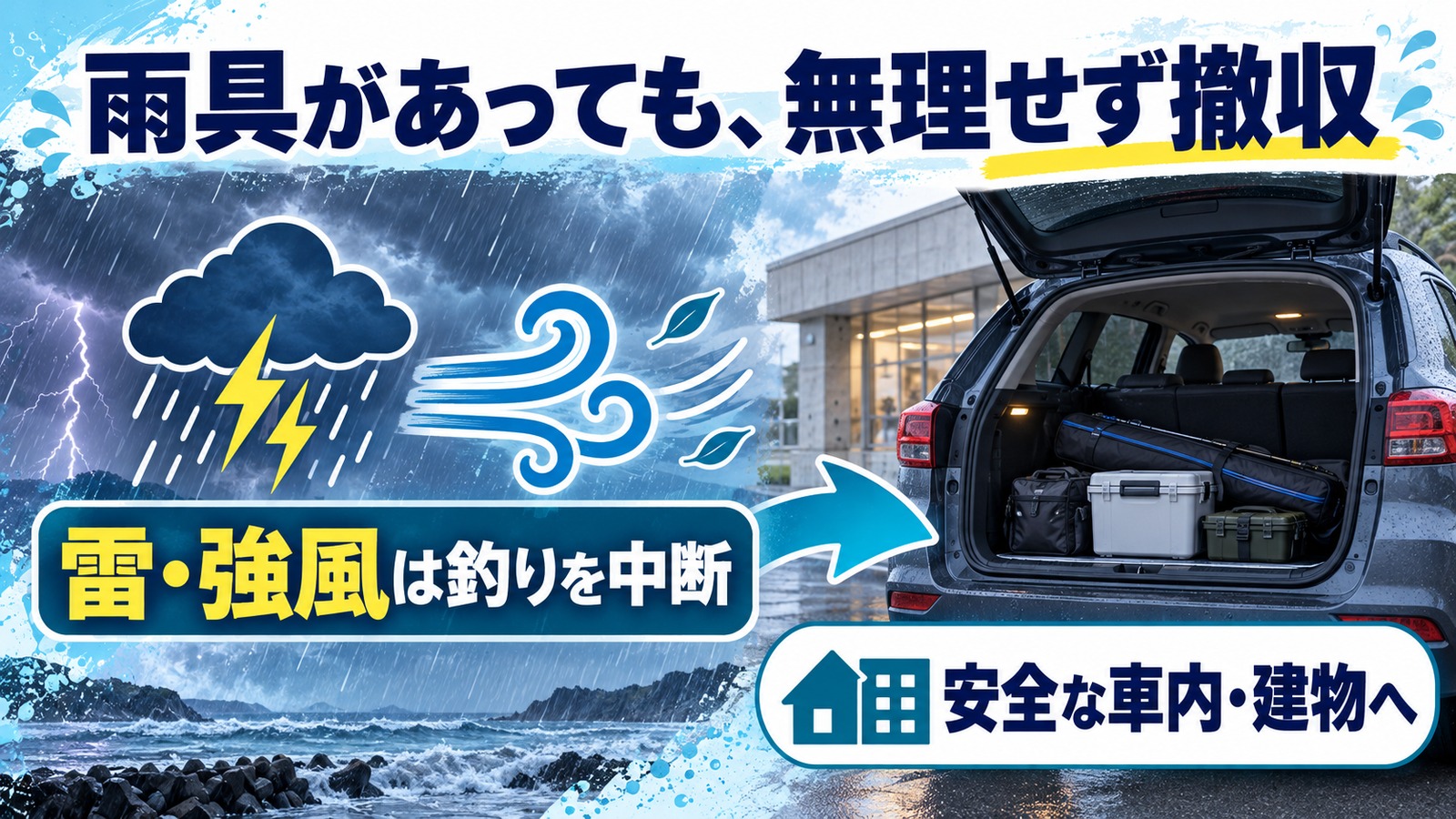 雷と強風の注意アイコンと、安全な車内や建物へ移動することを示す撤収図