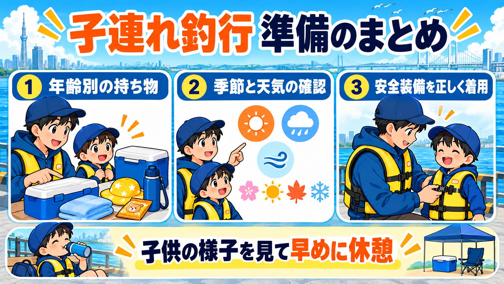 子連れ釣行 準備のまとめを子供向け持ち物と確認項目のカードで説明する図