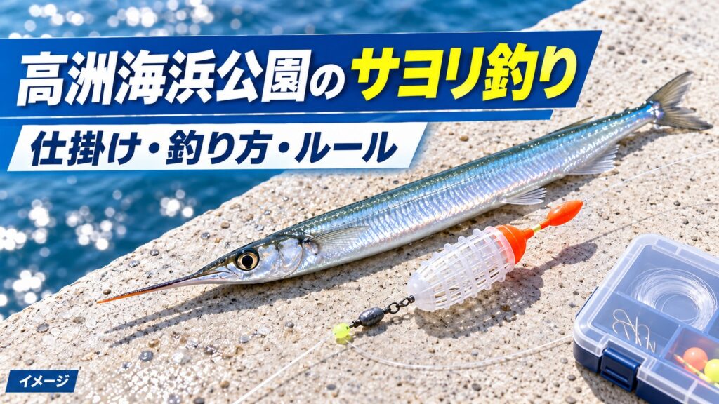 青い海を背景に銀色のサヨリとカゴウキ仕掛けを並べ、記事タイトルを添えたイメージ