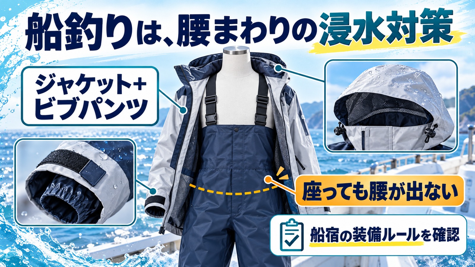 胸当て付きビブパンツとジャケットの重なりを示し、腰まわりの浸水対策を説明する図解
