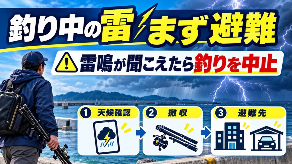 釣り中の雷 まず避難を避難先と確認項目のカードで説明する図