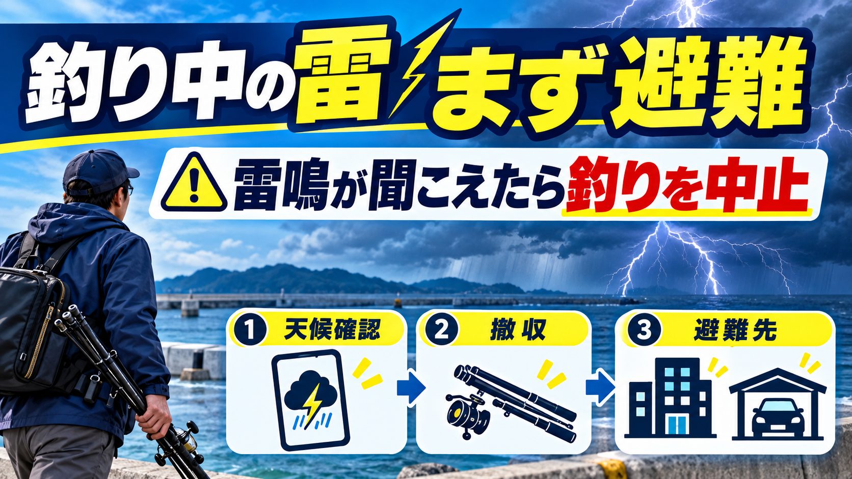 釣り中の雷 まず避難を避難先と確認項目のカードで説明する図