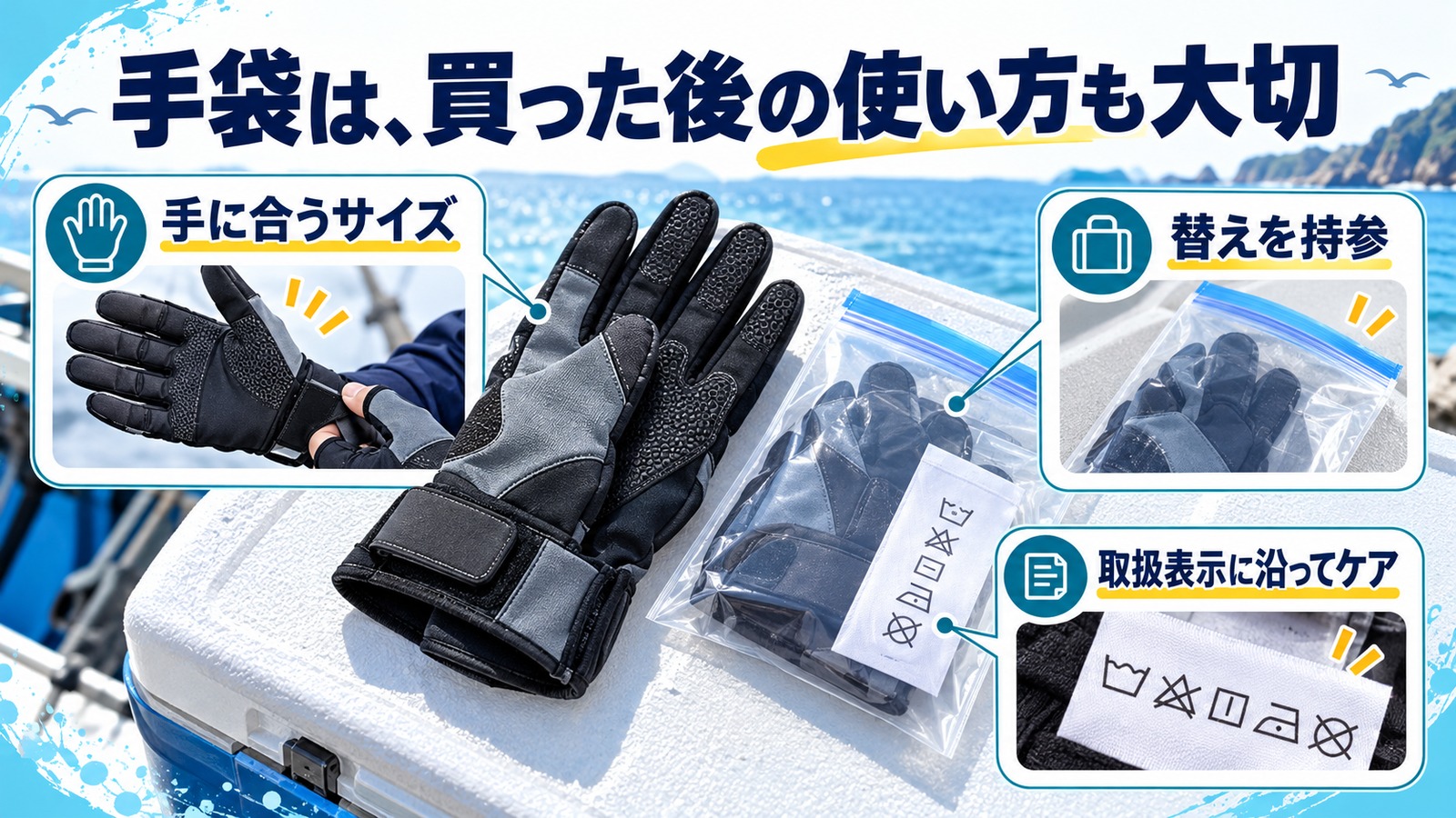 手に合う手袋、袋に入れた予備、取扱表示の確認をまとめた準備図