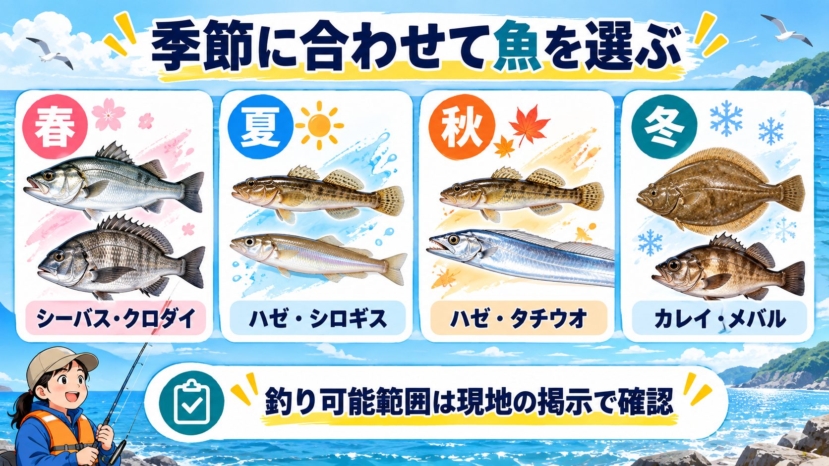 季節に合わせて魚を選ぶについて、釣行前に確認する内容をカードでまとめた図