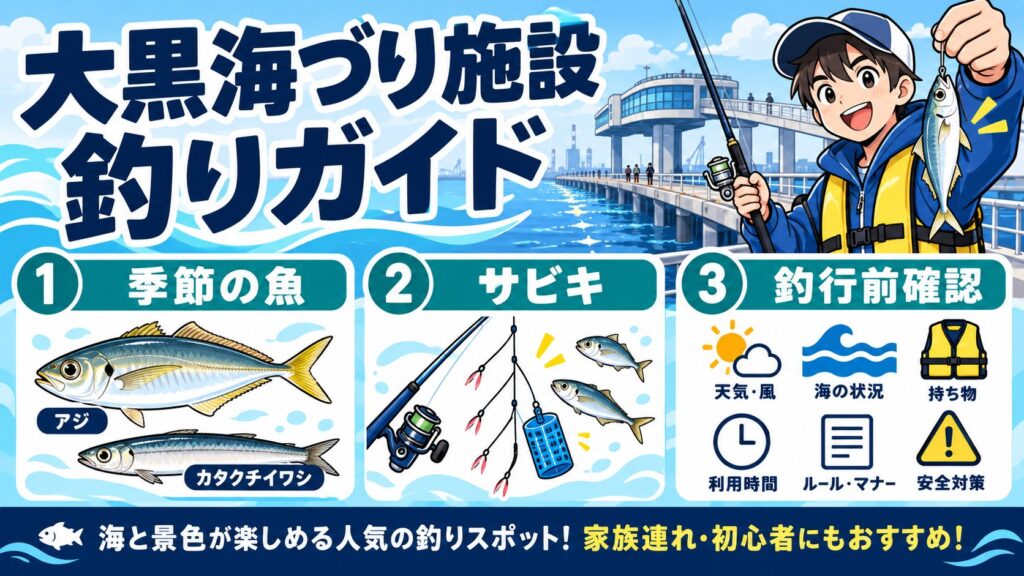 大黒海づり施設 釣りガイドの要点を魚や道具のイラストと確認カードで示した図