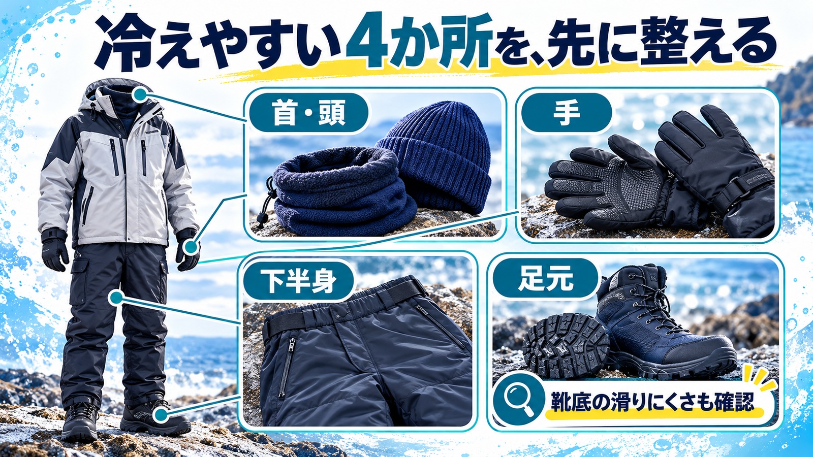 足元・下半身・手・首と頭の防寒具を示し、靴底確認を促す図解
