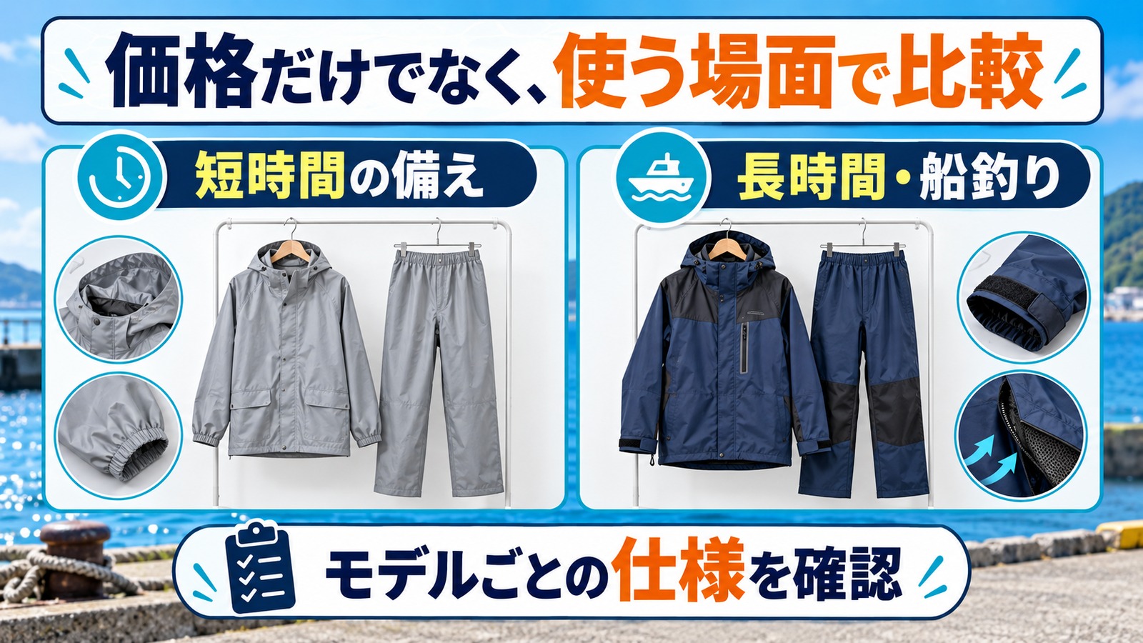 作業用と釣り向け雨具のイメージに、使用時間と仕様確認の要点を添えた比較図