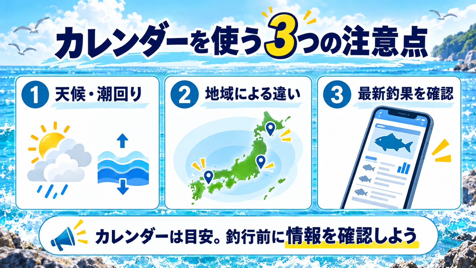 月別カレンダーを使う際の天候と潮回り、地域差、最新釣果の3つの注意点