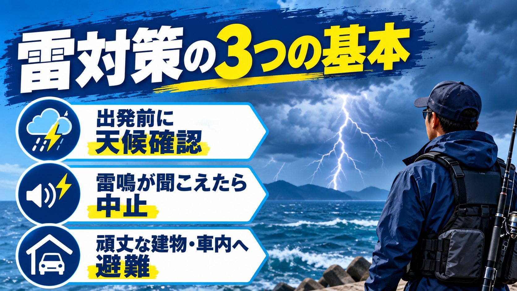 雷対策の3つの基本を避難先と確認項目のカードで説明する図