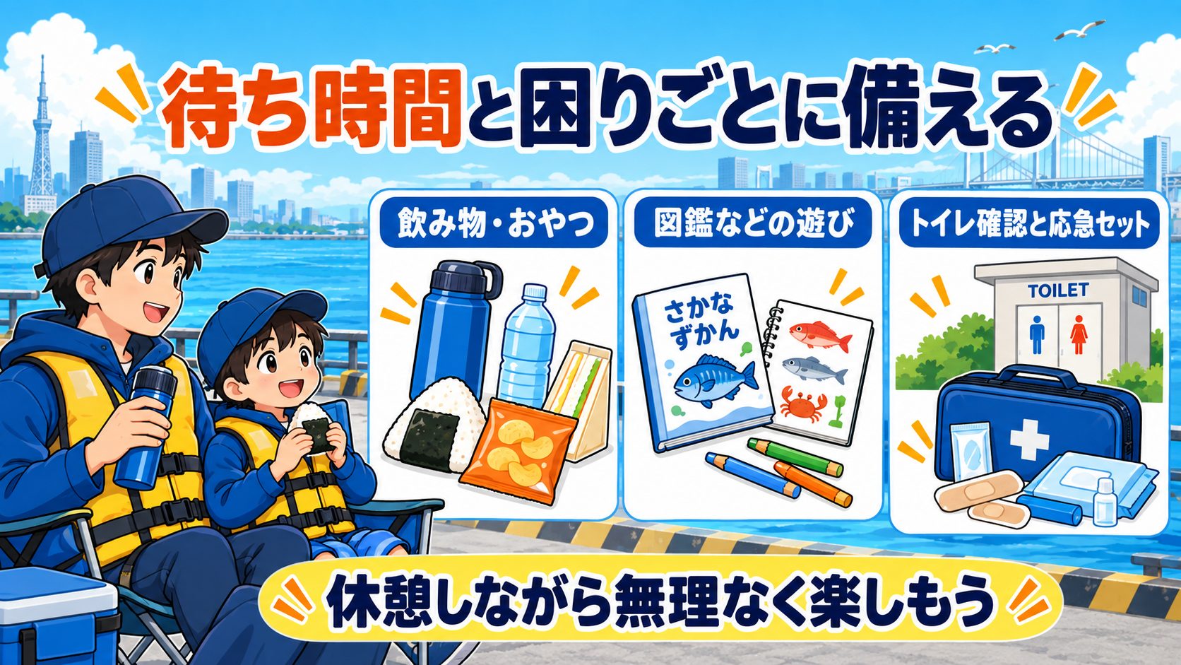 待ち時間と困りごとに備えるを子供向け持ち物と確認項目のカードで説明する図