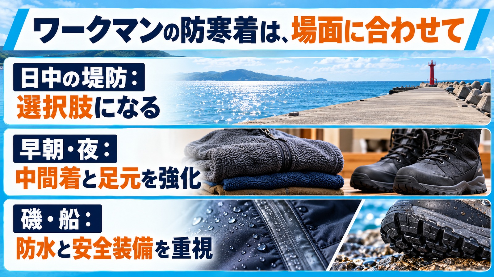 日中の堤防、寒い時間帯、磯や船という場面別に防寒着の考え方を示した比較図