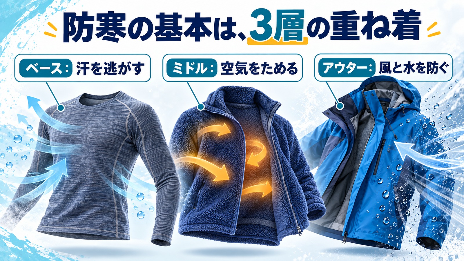 化繊インナー、フリース、アウターを分けて、それぞれの役割を示した重ね着図