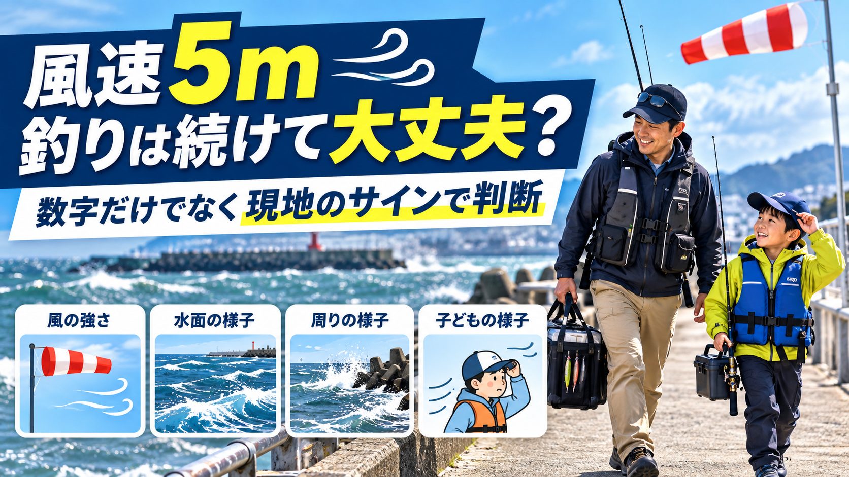 風速5m 釣りは続けて大丈夫？を、風と波の確認や撤収判断のカードで説明する図
