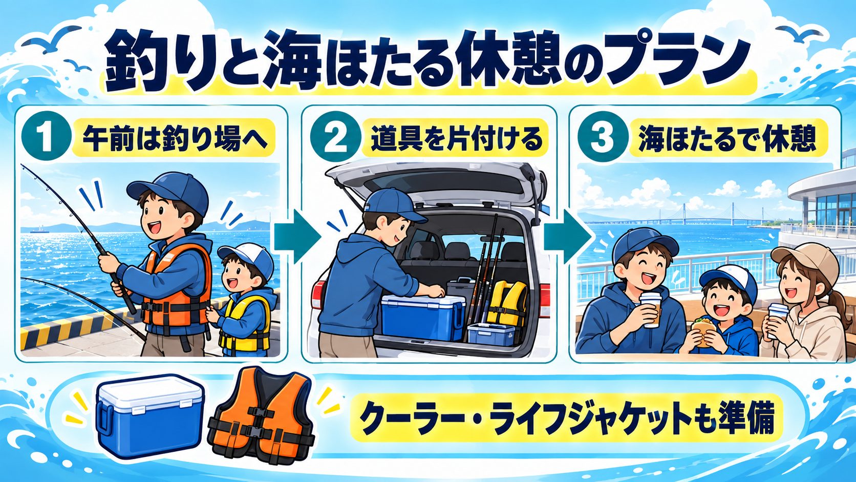 釣りと海ほたる休憩のプランを利用ルールや釣行準備のカードで説明する図