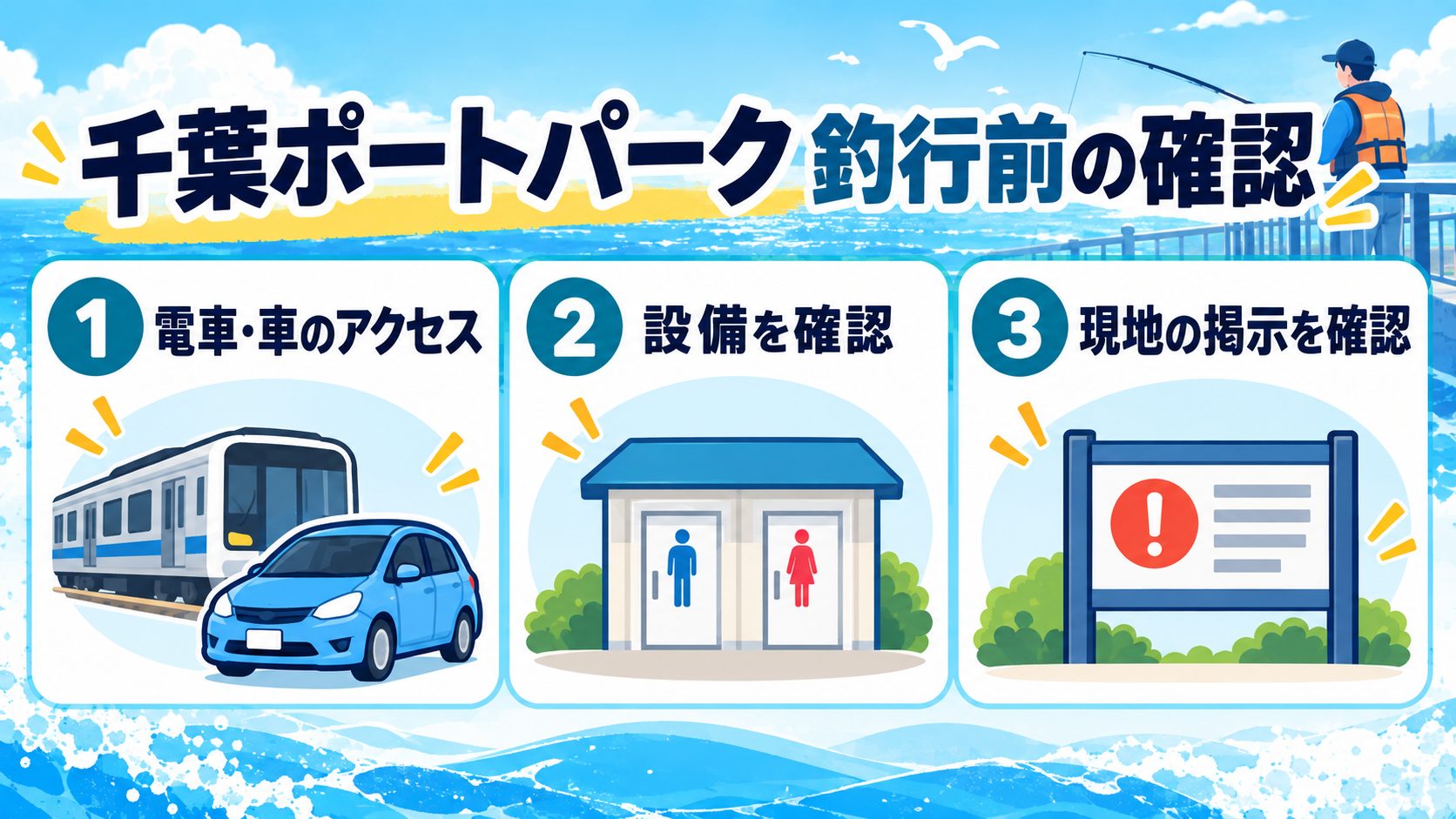 千葉ポートパーク 釣行前の確認について、釣行前に確認する内容をカードでまとめた図
