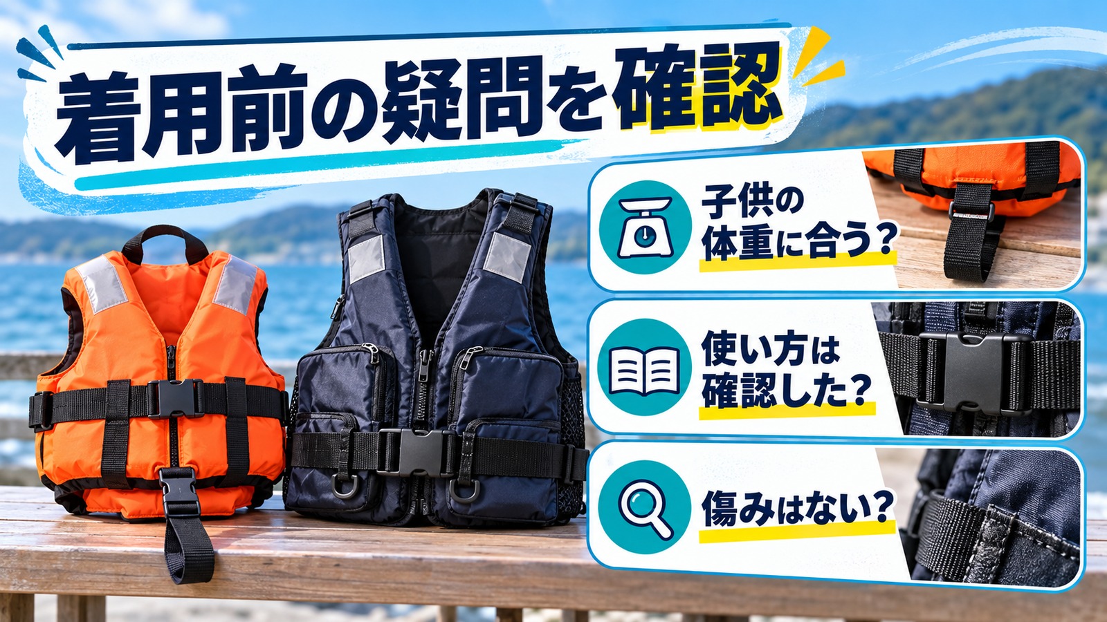 子供用のサイズ、取扱説明書、劣化の確認を示す図