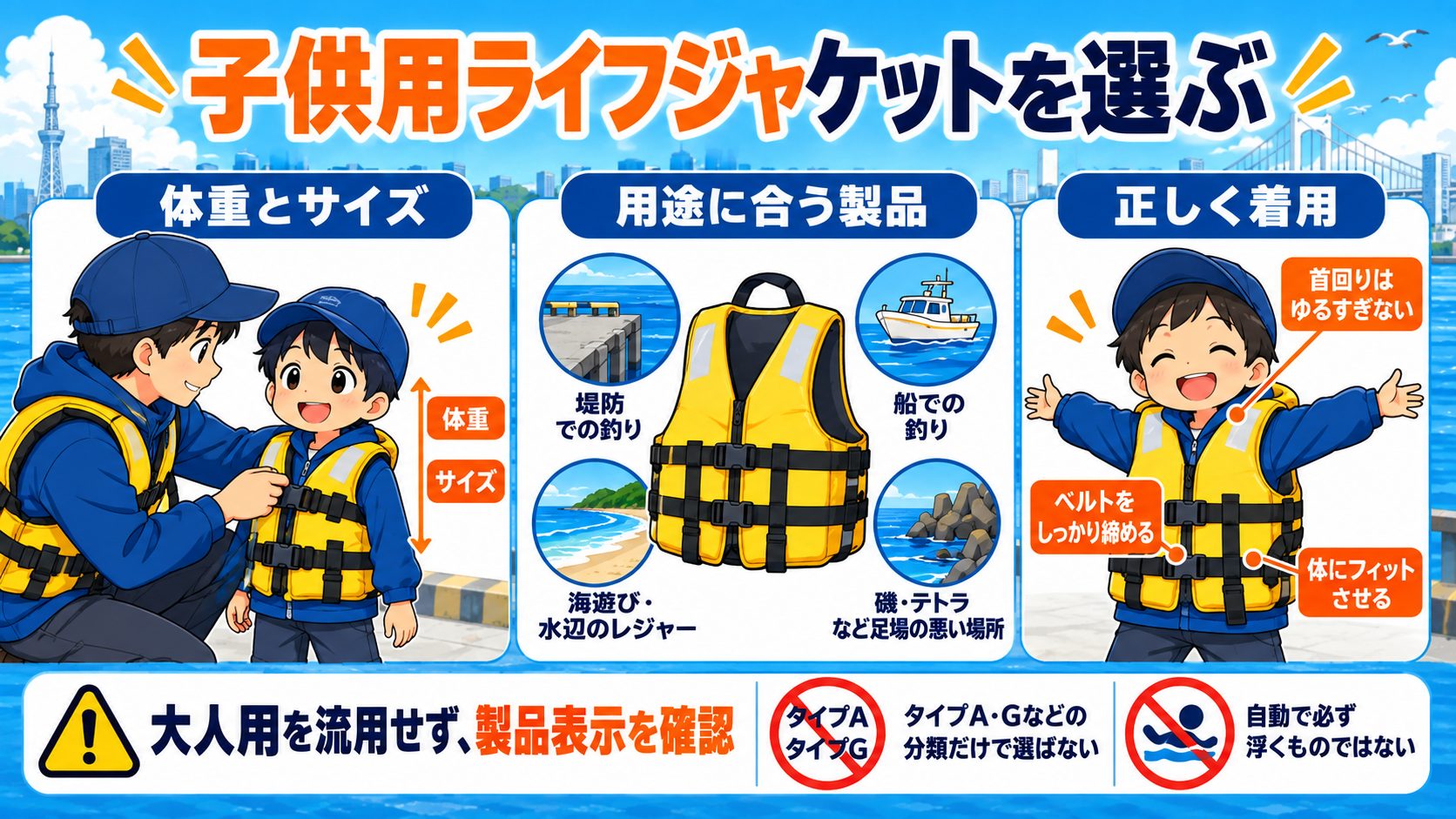 子供用ライフジャケットを選ぶを子供向け持ち物と確認項目のカードで説明する図