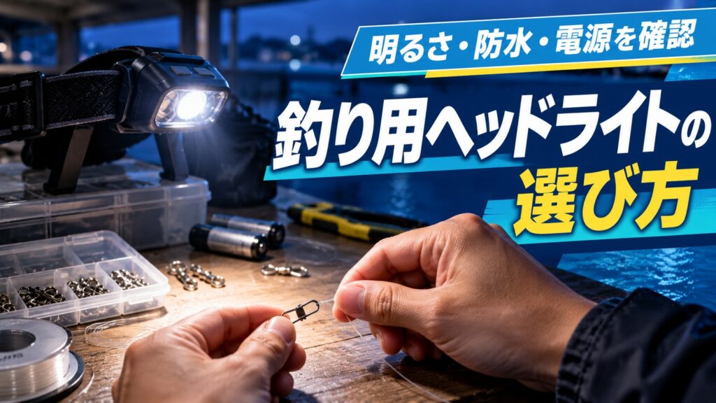下向きのライトで釣り道具を照らす手元と予備ライトの画像