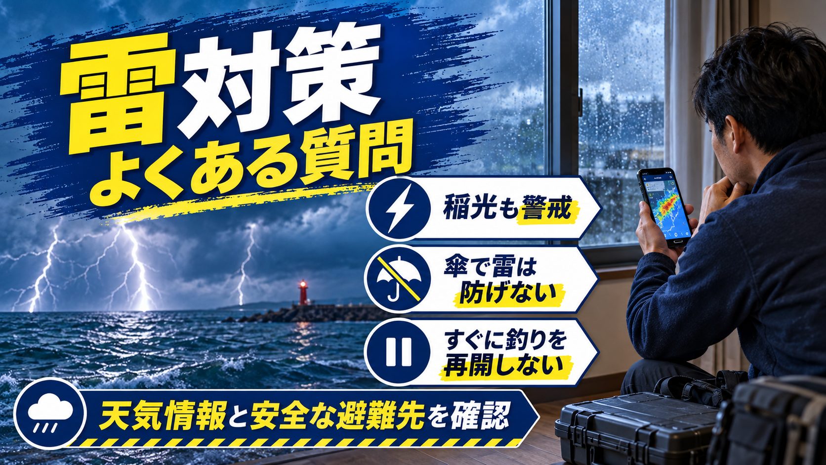 雷対策 よくある質問を避難先と確認項目のカードで説明する図