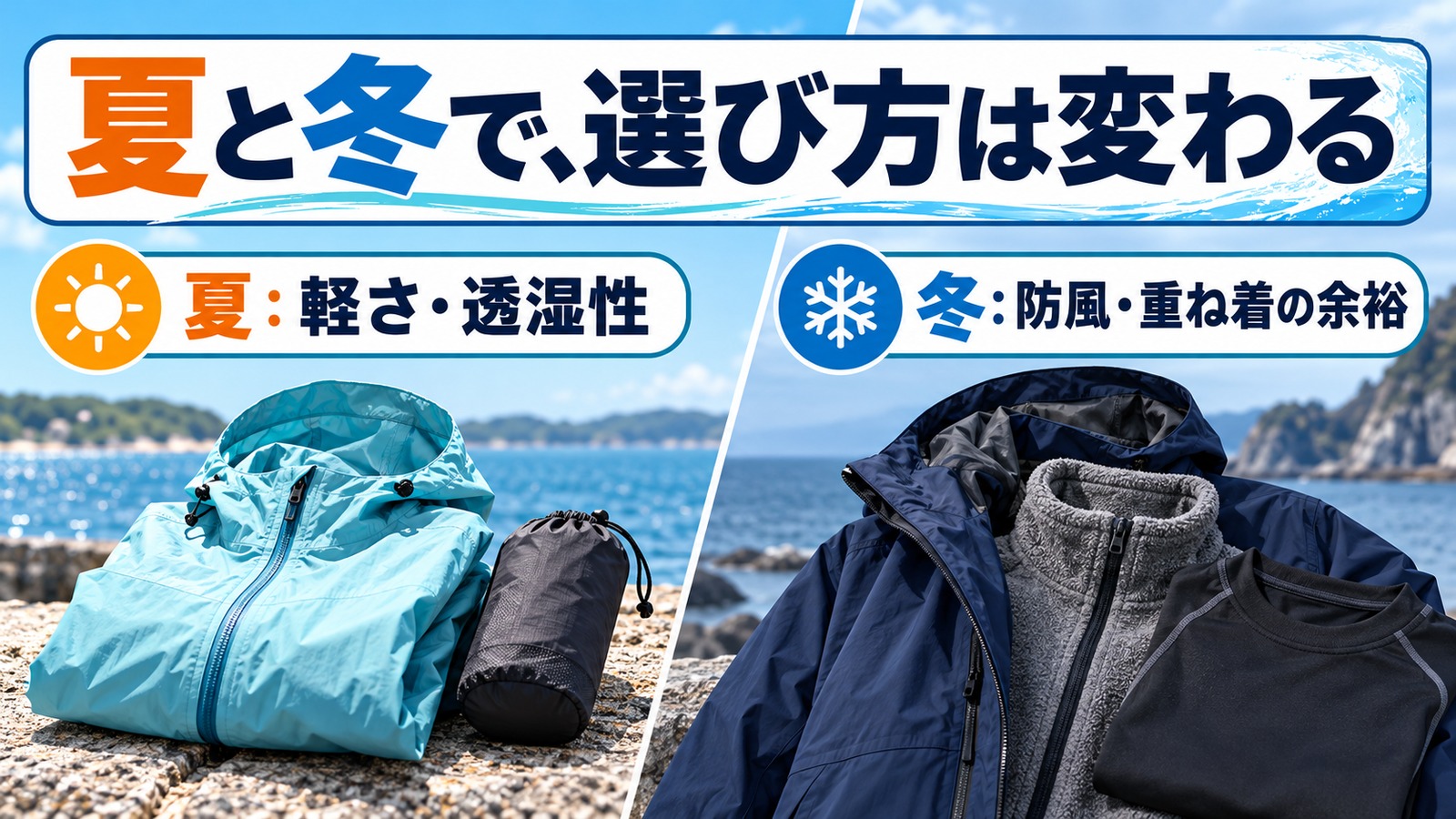 夏の軽量雨具と冬の重ね着を並べ、季節で異なる選び方を示す比較図