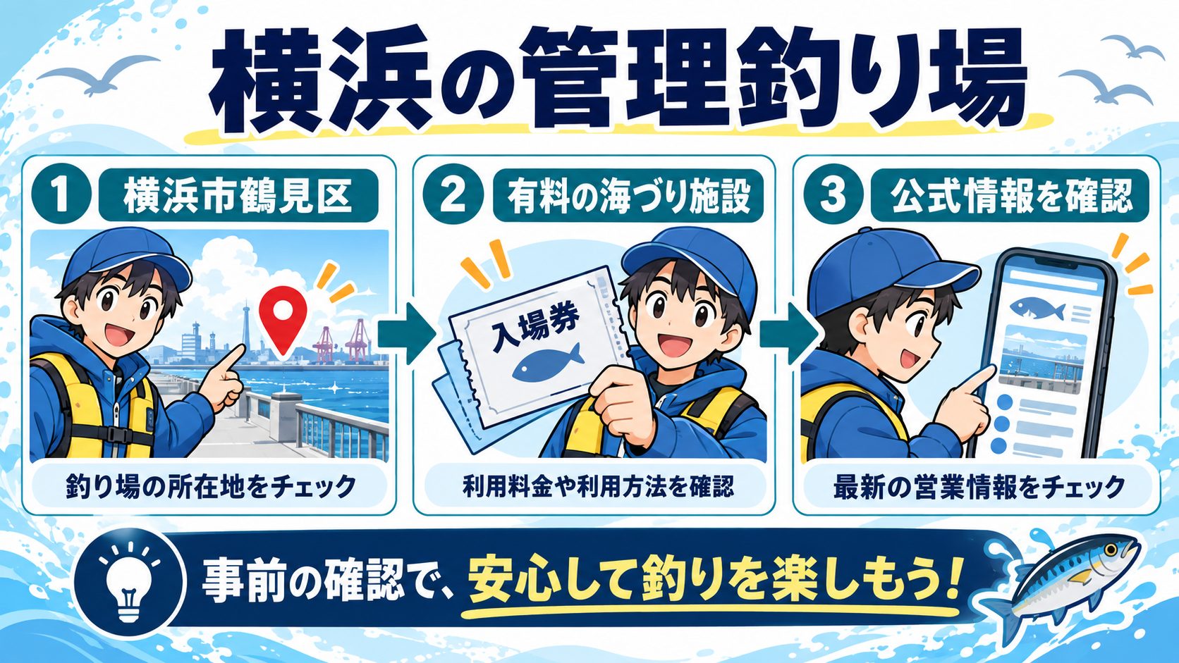 横浜の管理釣り場の要点を魚や道具のイラストと確認カードで示した図