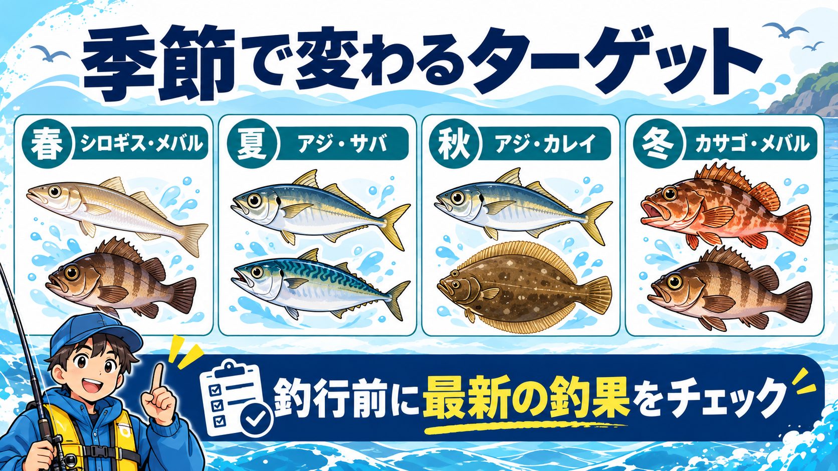季節で変わるターゲットの要点を魚や道具のイラストと確認カードで示した図