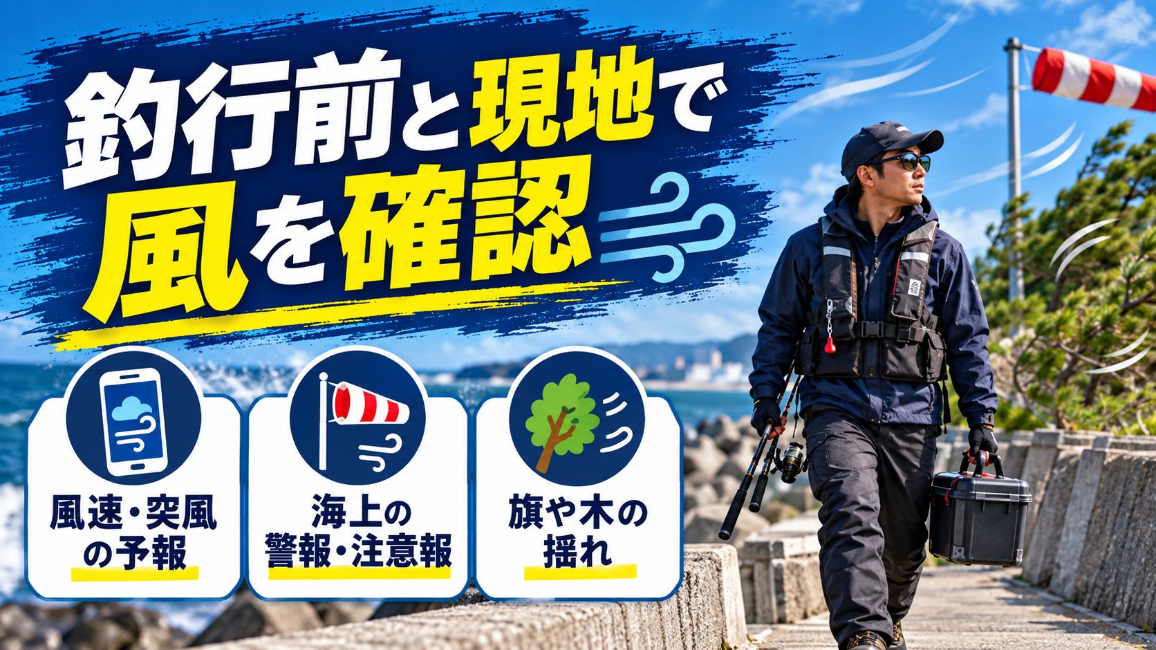 釣行前と現地で風を確認を、風と波の確認や撤収判断のカードで説明する図