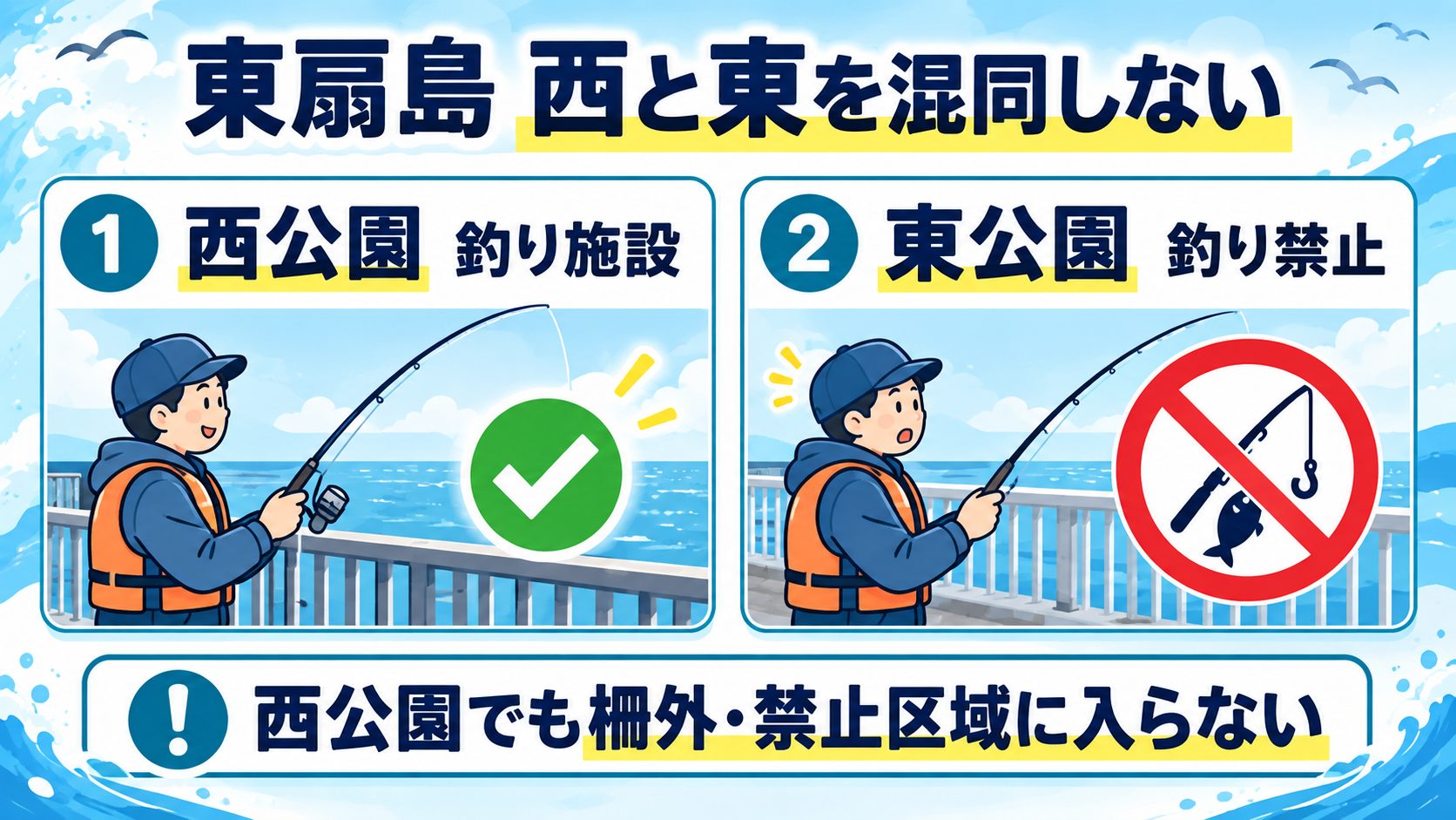 東扇島 西と東を混同しないを利用ルールや釣行準備のカードで説明する図