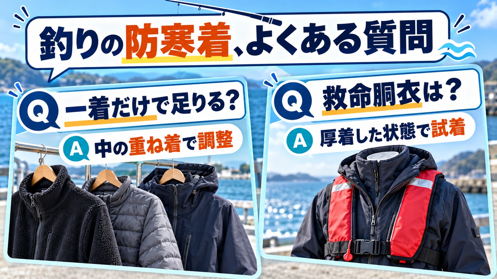 防寒着の重ね着と救命胴衣の試着を、二つの質問回答で示す図解