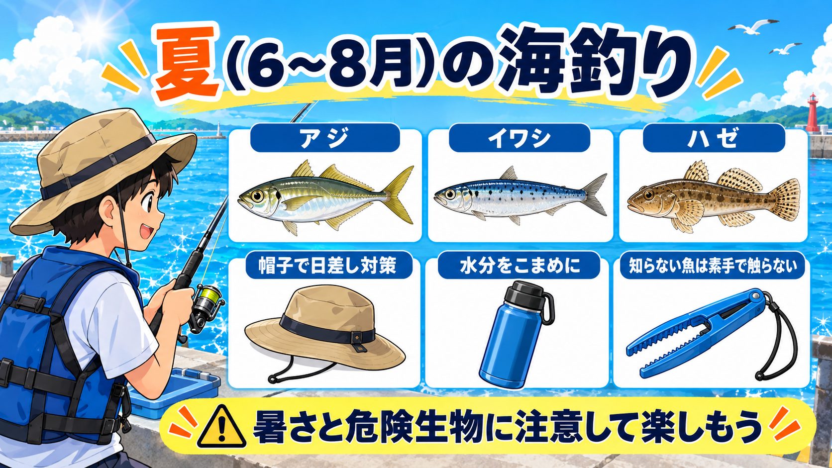 夏のアジ・イワシ・ハゼと帽子、水分補給、魚つかみによる準備の図