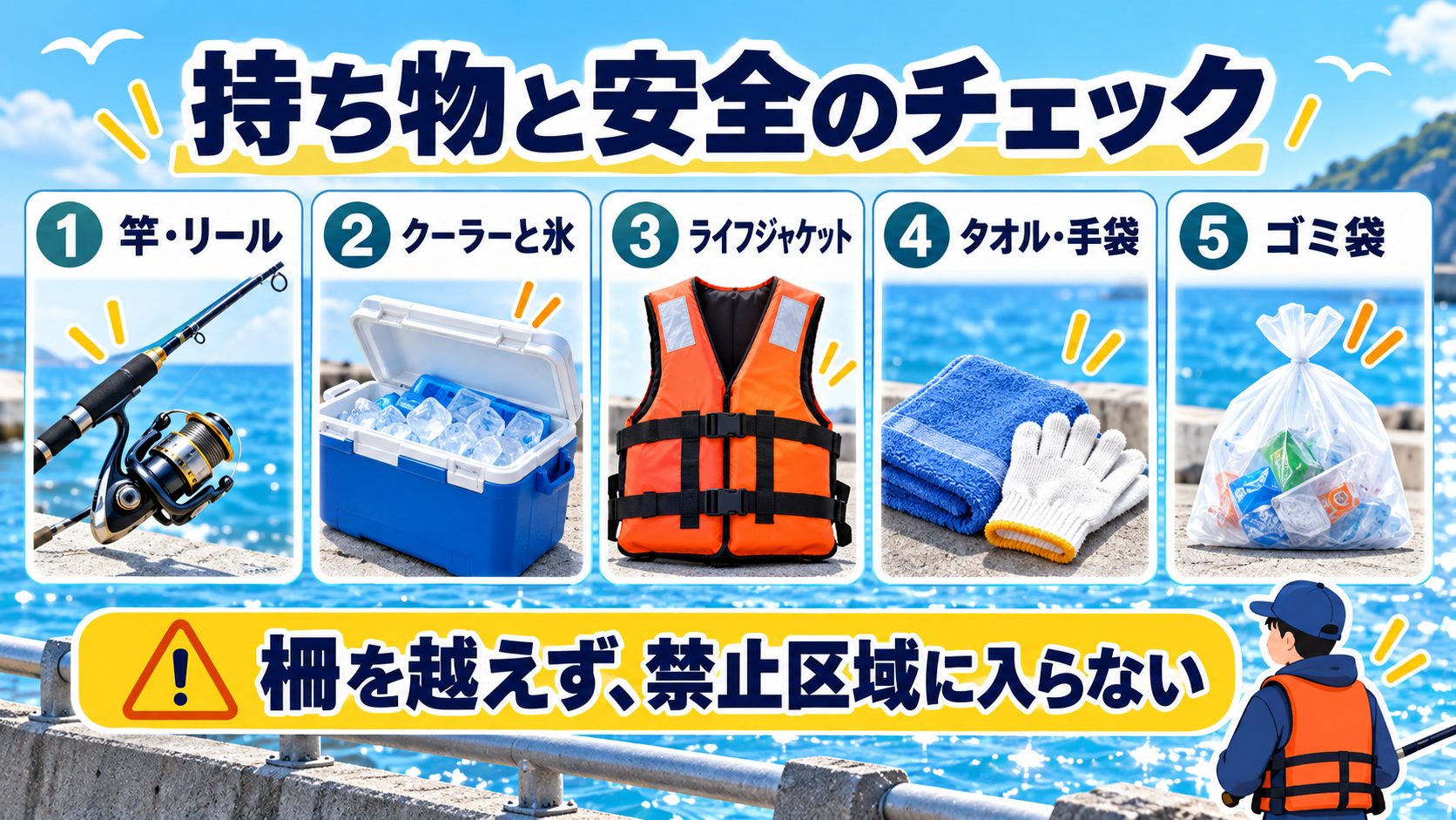 持ち物と安全のチェックについて、釣行前に確認する内容をカードでまとめた図